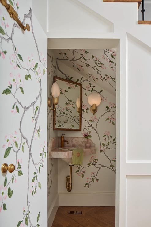 powder room pink marble sink vanity