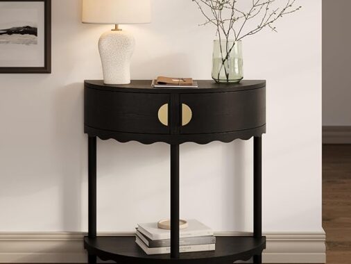 scalloped skirt half moon console table