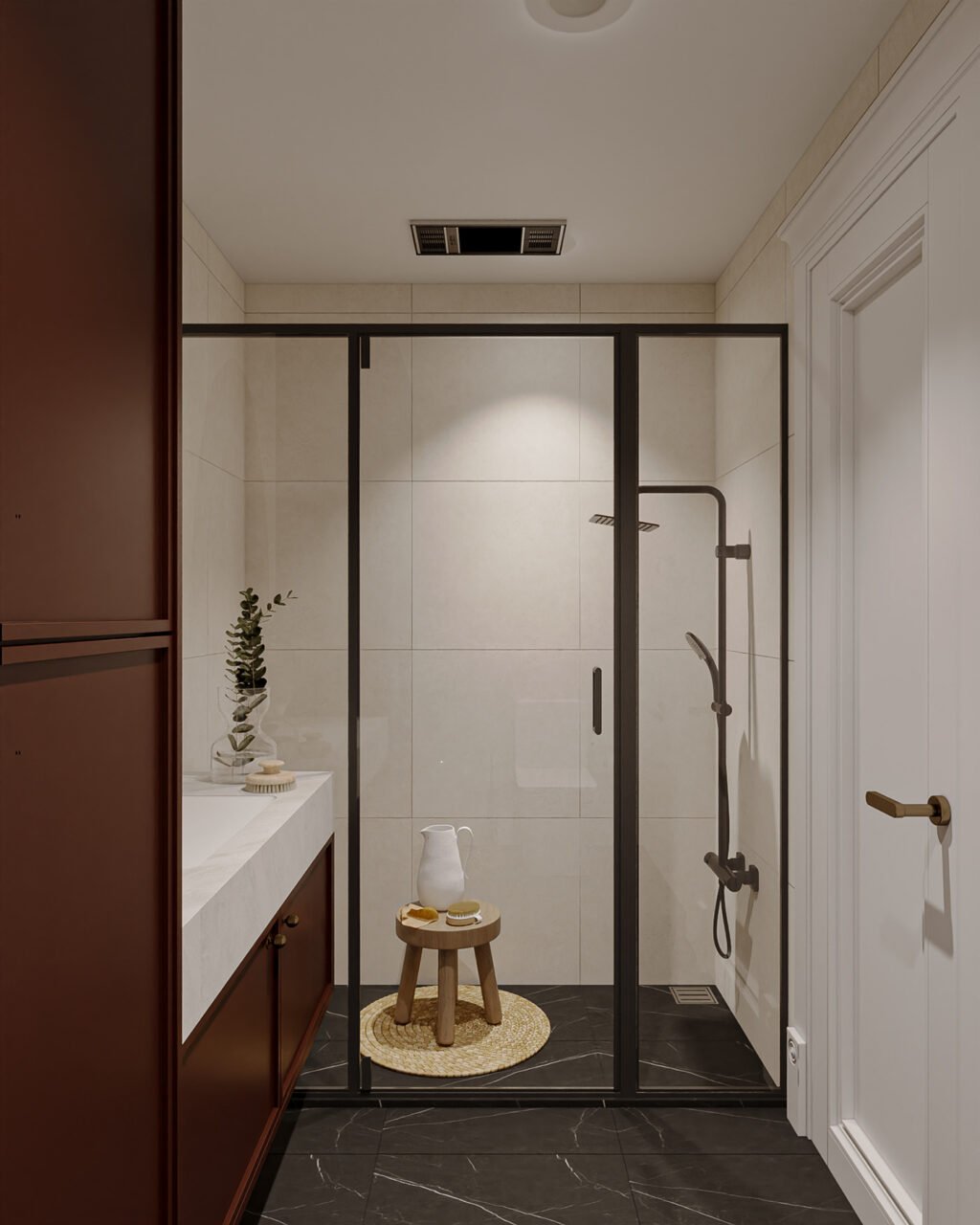 shower cubicle with glass partition and black hardware