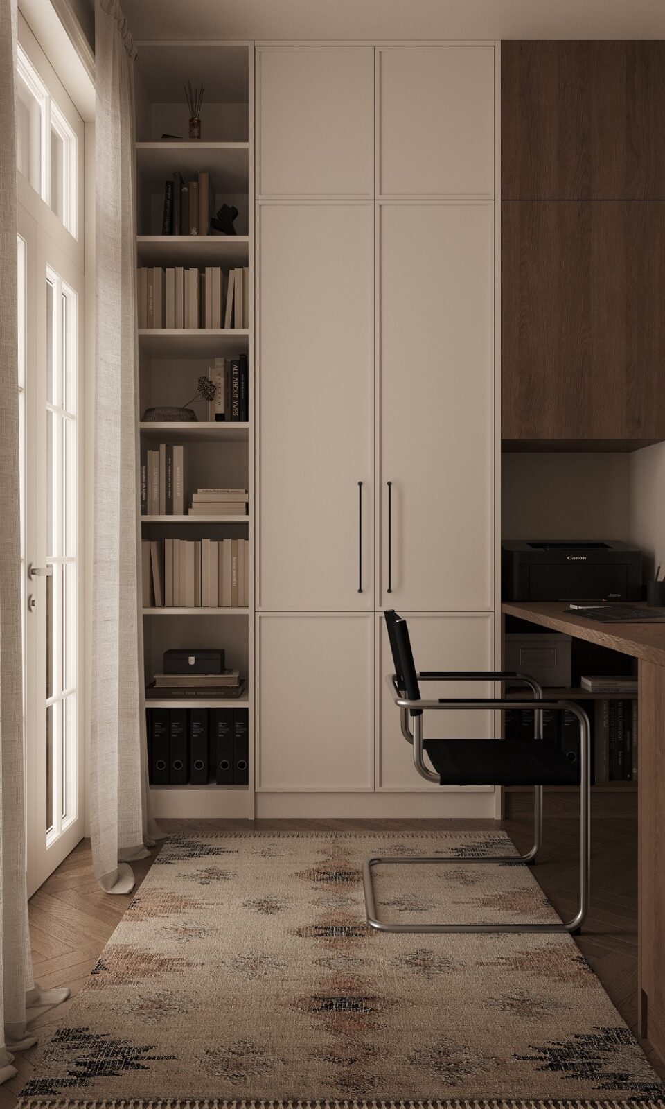 sleek cabinetry with black handles